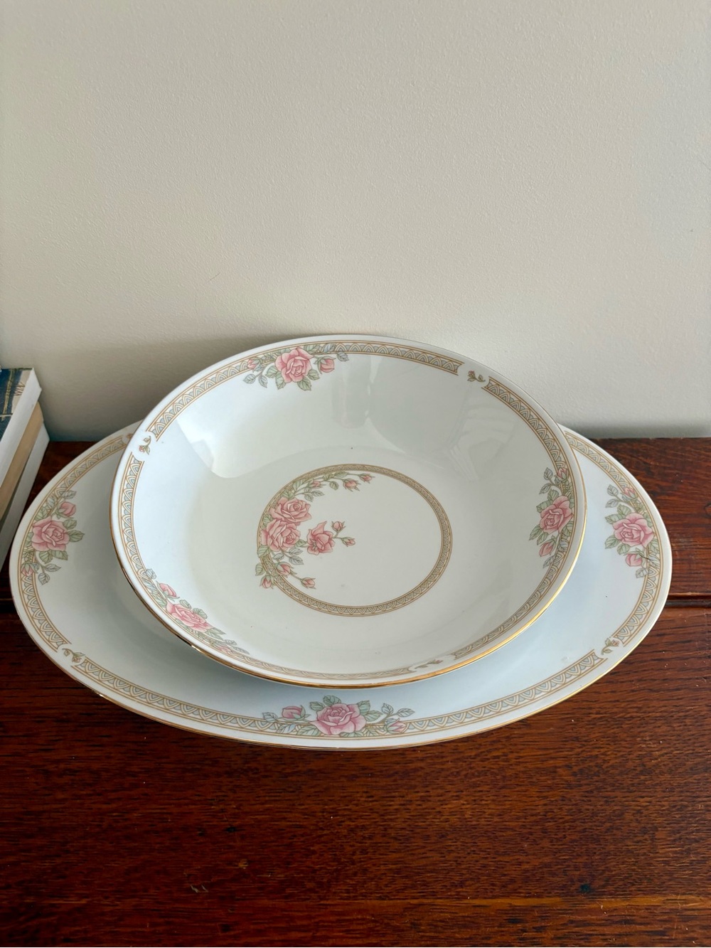 Crown Ming Fine China Floral Porcelain Serving Bowl and Platter - Pink